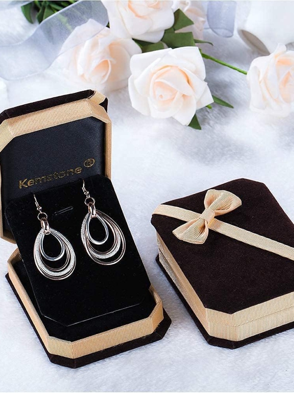 Kemstone rose gold/silver multilayer dangling earrings. New in Box.